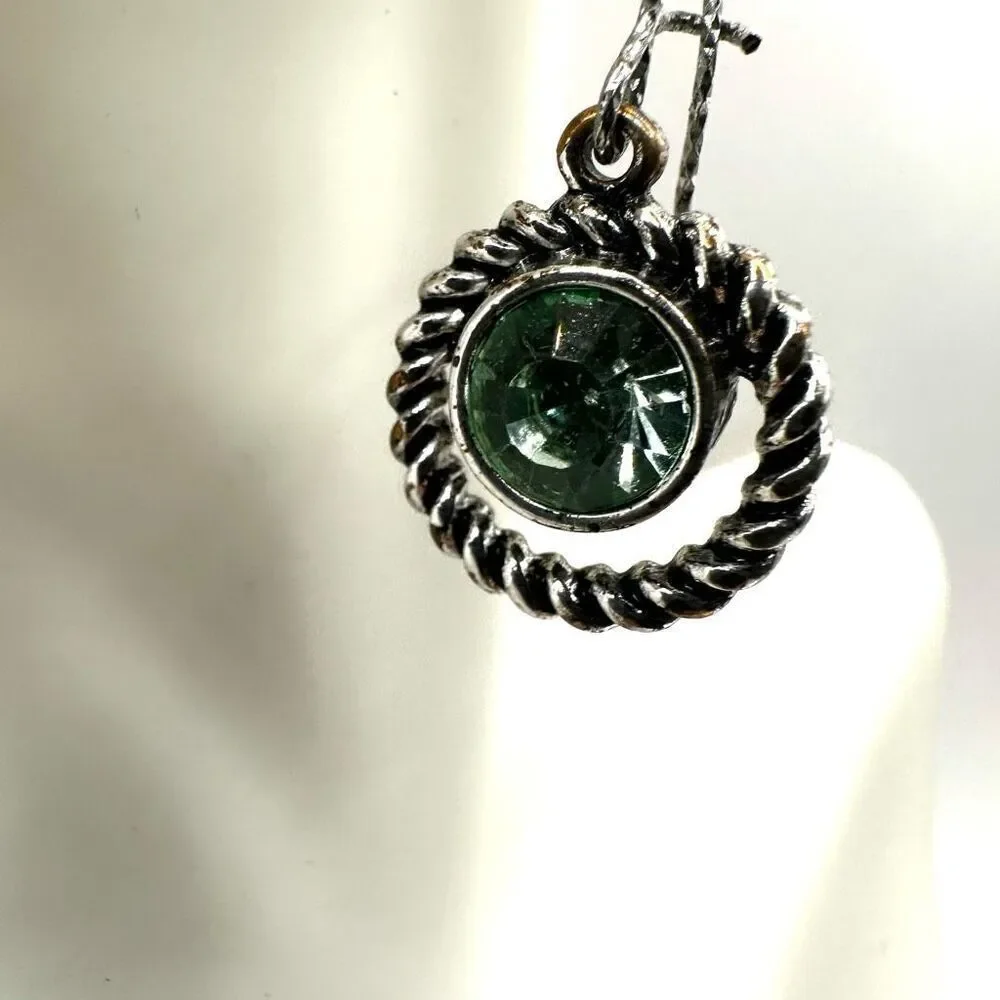 Silver tone green crystal dangling earrings